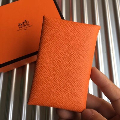 Hermes Calvi Card Holder In Orange Epsom Leather