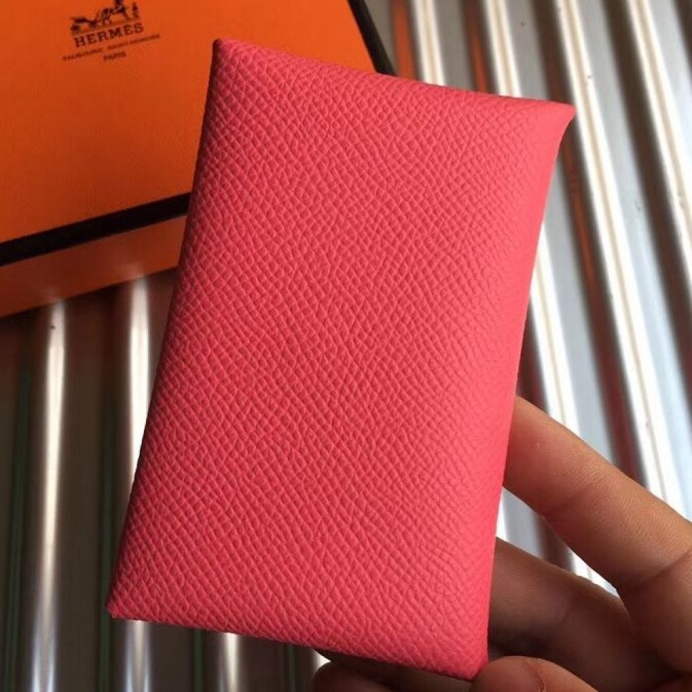 Hermes Calvi Card Holder In Rose Azalee Epsom Leather