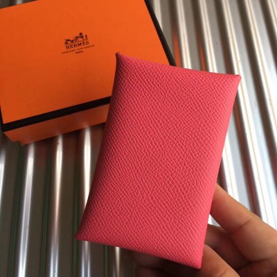 Hermes Calvi Card Holder In Rose Azalee Epsom Leather