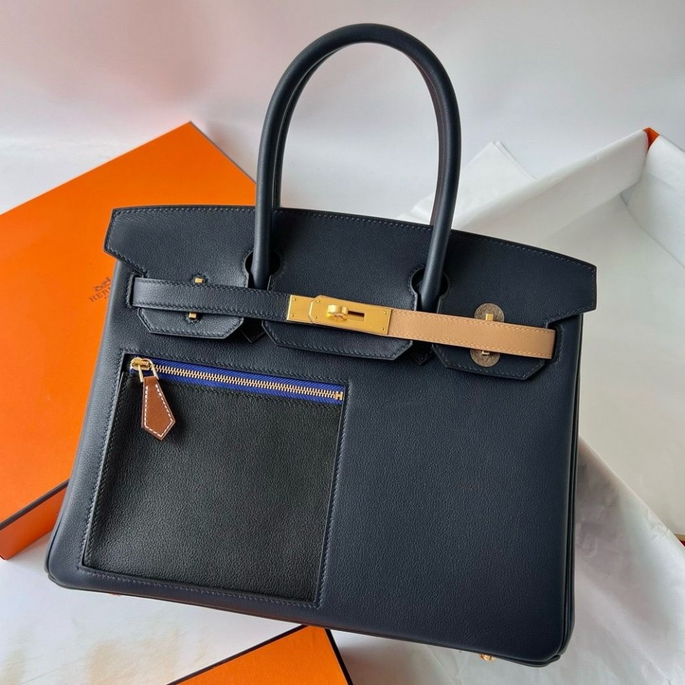 Hermes Colormatic Birkin 30 Bag in Blue Nuit Black and Chai Swift Leather