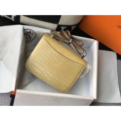 Hermes Constance 24cm Bag In Jaune Poussin Embossed Crocodile