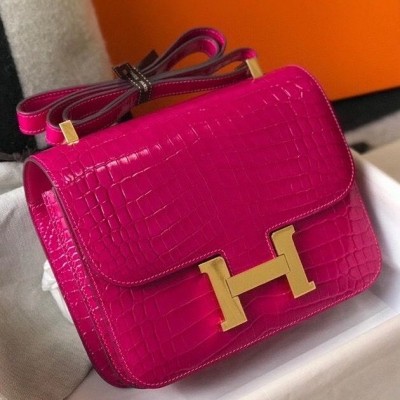 Hermes Constance 24cm Bag In Rose Red Embossed Crocodile HSBS60586