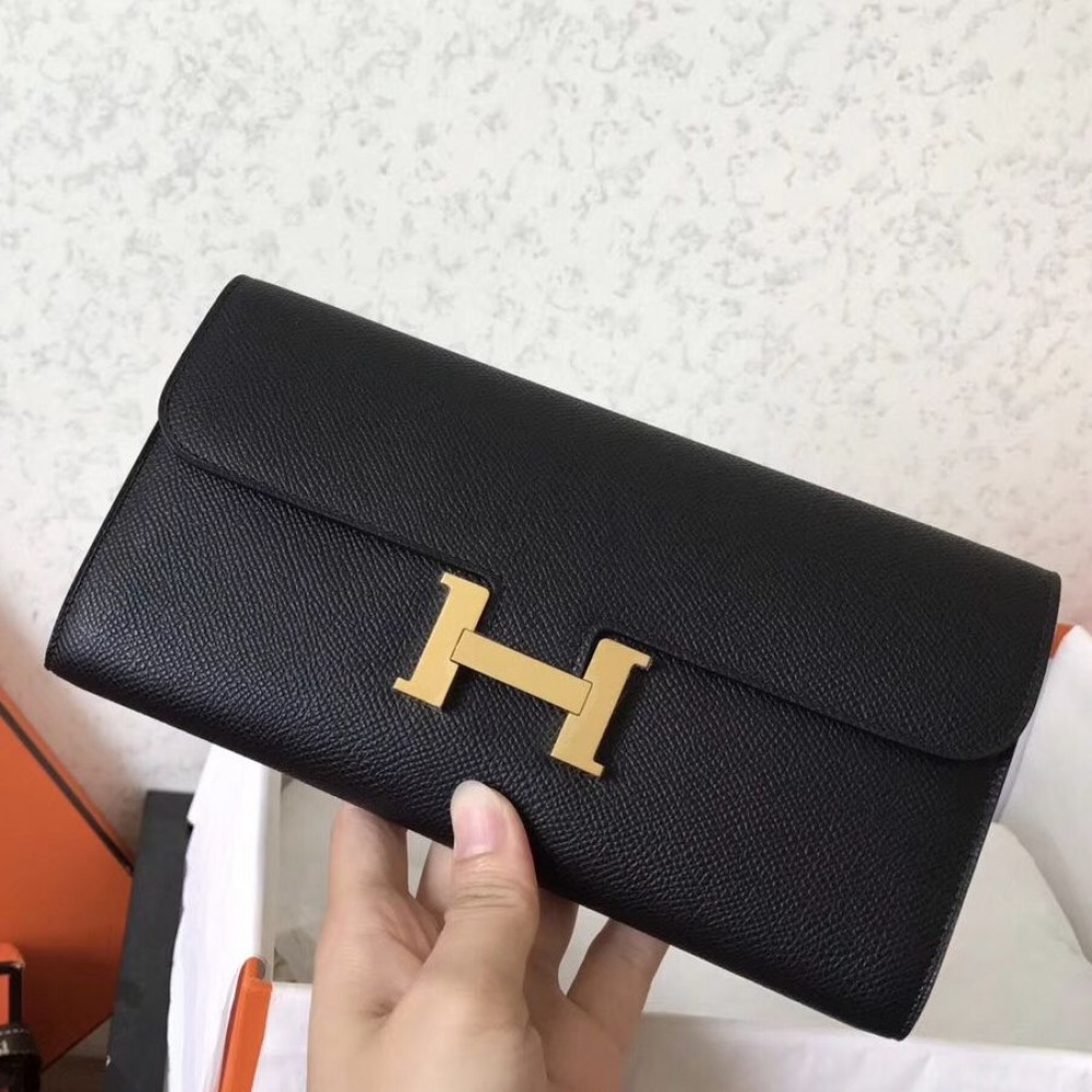 Hermes Constance Long Wallet In Black Epsom Leather