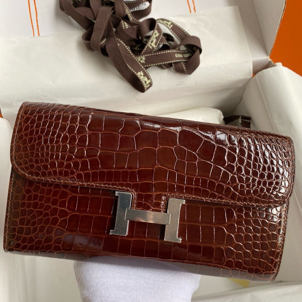 Hermes Constance To Go Wallet in Dark Brown Shiny Alligator Leather