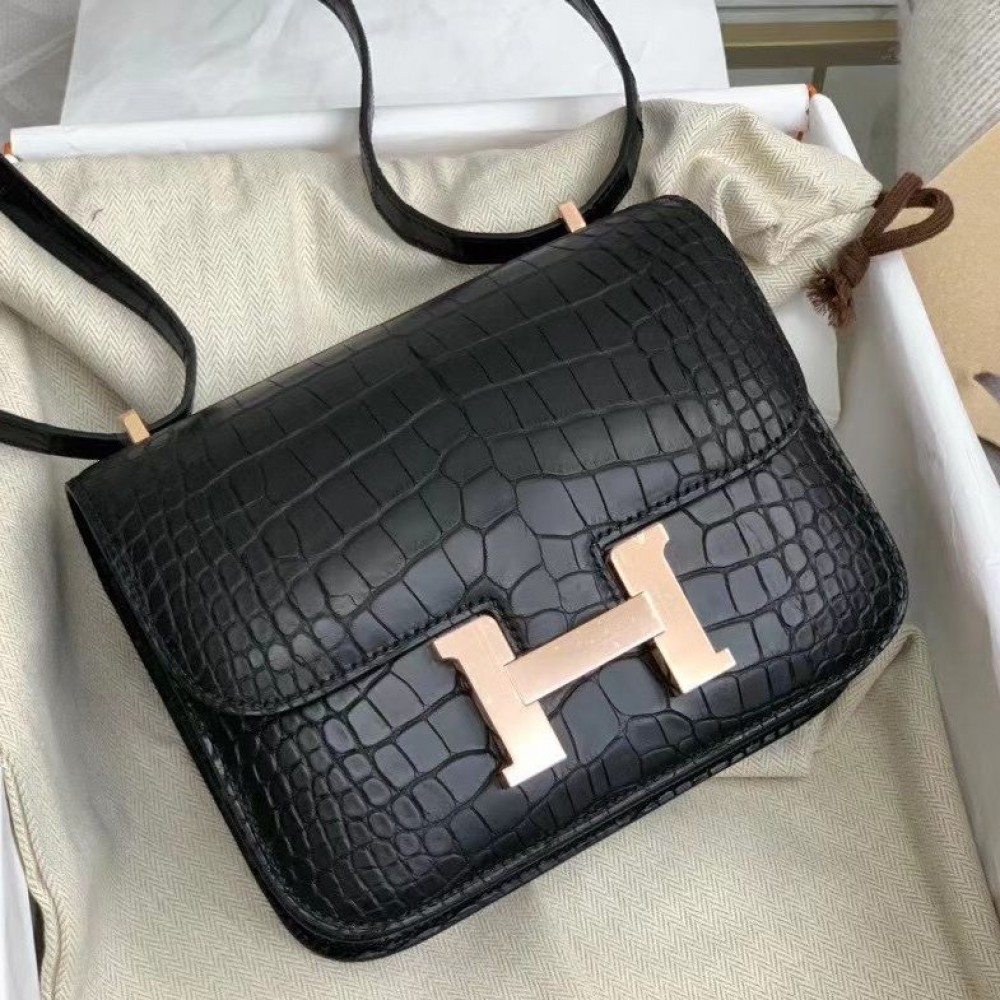 Hermes Constance 18 Handmade Bag In Black Alligator Crocodile Skin