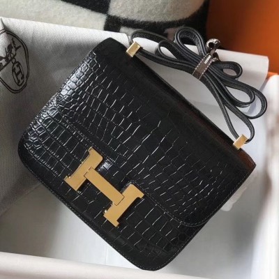 Hermes Constance 18 Handmade Bag In Black Embossed Crocodile HSBS60502