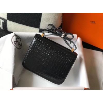 Hermes Constance 18 Handmade Bag In Black Embossed Crocodile