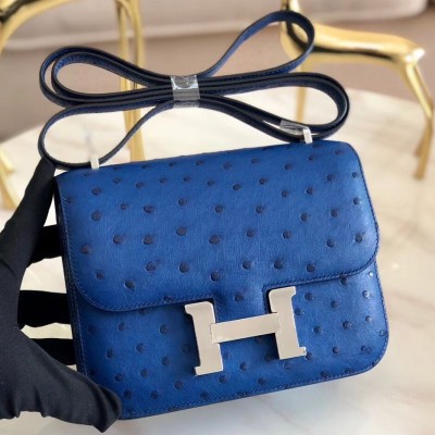 Hermes Constance 18 Handmade Bag In Blue Ostrich Leather HSBS61834