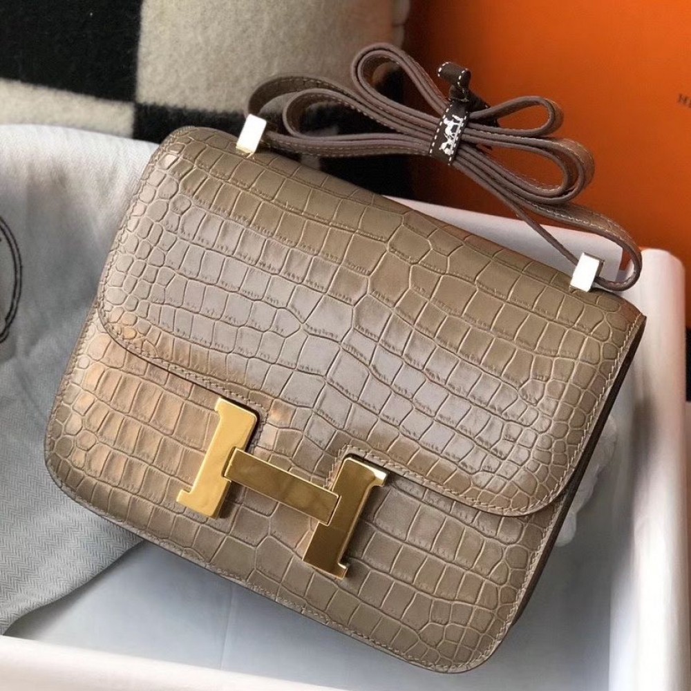 Hermes Constance 18 Handmade Bag In Taupe Embossed Crocodile