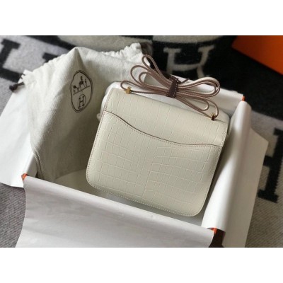 Hermes Constance 18 Handmade Bag In White Embossed Crocodile