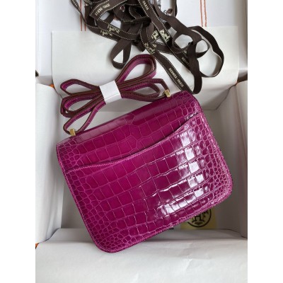 Hermes Constance 18 Handmade Bag in Rose Scheherazade Shiny Alligator Leather