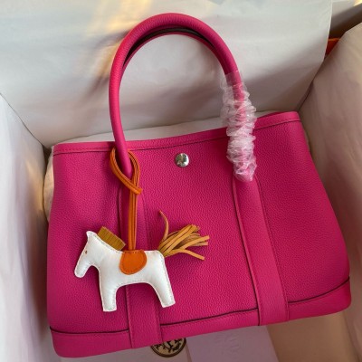 Hermes Garden Party 30 Handmade Bag in Rose Red Clemence Leather HSBS60756