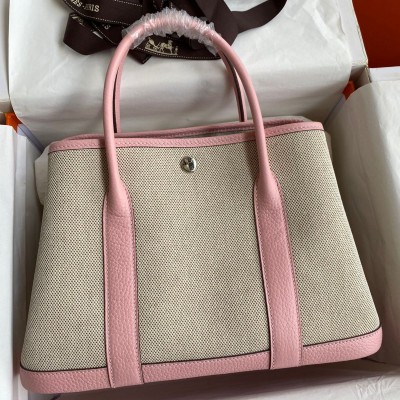 Hermes Garden Party 30 Handmade Bag in Toile and Pink Leather HSBS60754