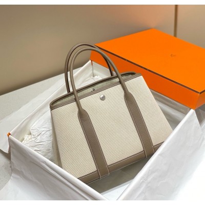 Hermes Garden Party 30cm Bag in Toile and Taupe Leather