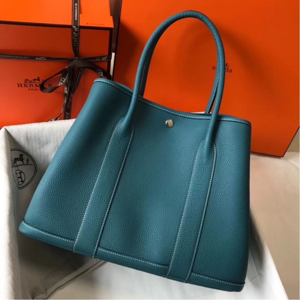 Hermes Garden Party 36 Bag In Blue Jean Clemence Leather