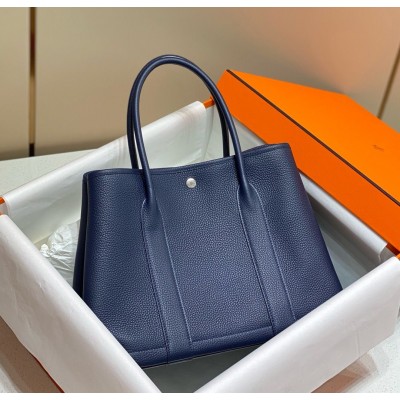 Hermes Garden Party 36 Bag In Blue Saphir Clemence Leather