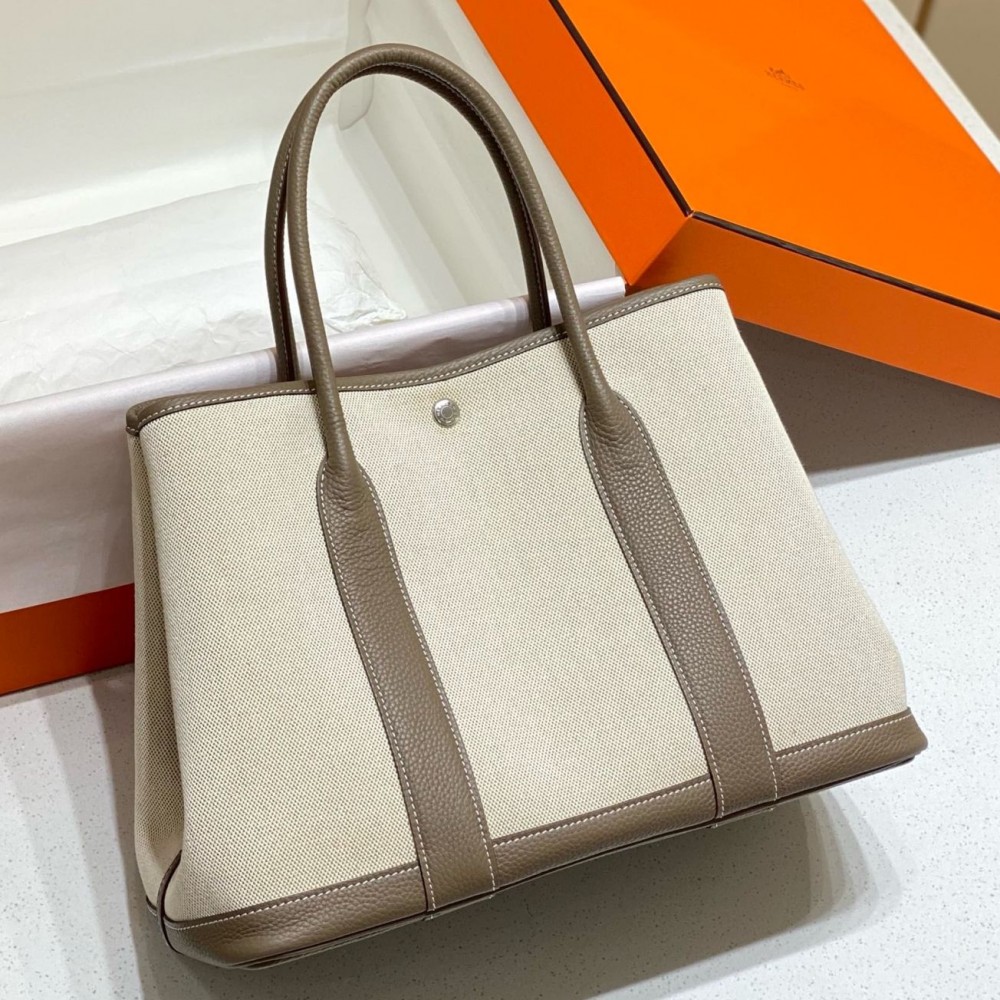 Hermes Garden Party 36cm Bag in Toile and Taupe Leather