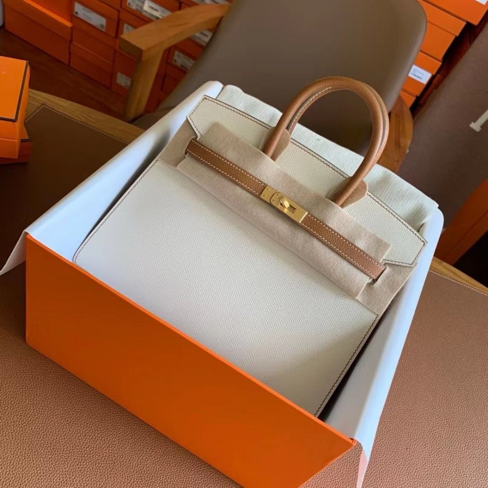 Hermes HSS Birkin 25 Sellier Bag in Craie and Gold Epsom Calfskin