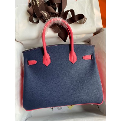 Hermes HSS Birkin 30 Bicolor Bag in Blue Saphir and Rose Lipstick Epsom Calfskin