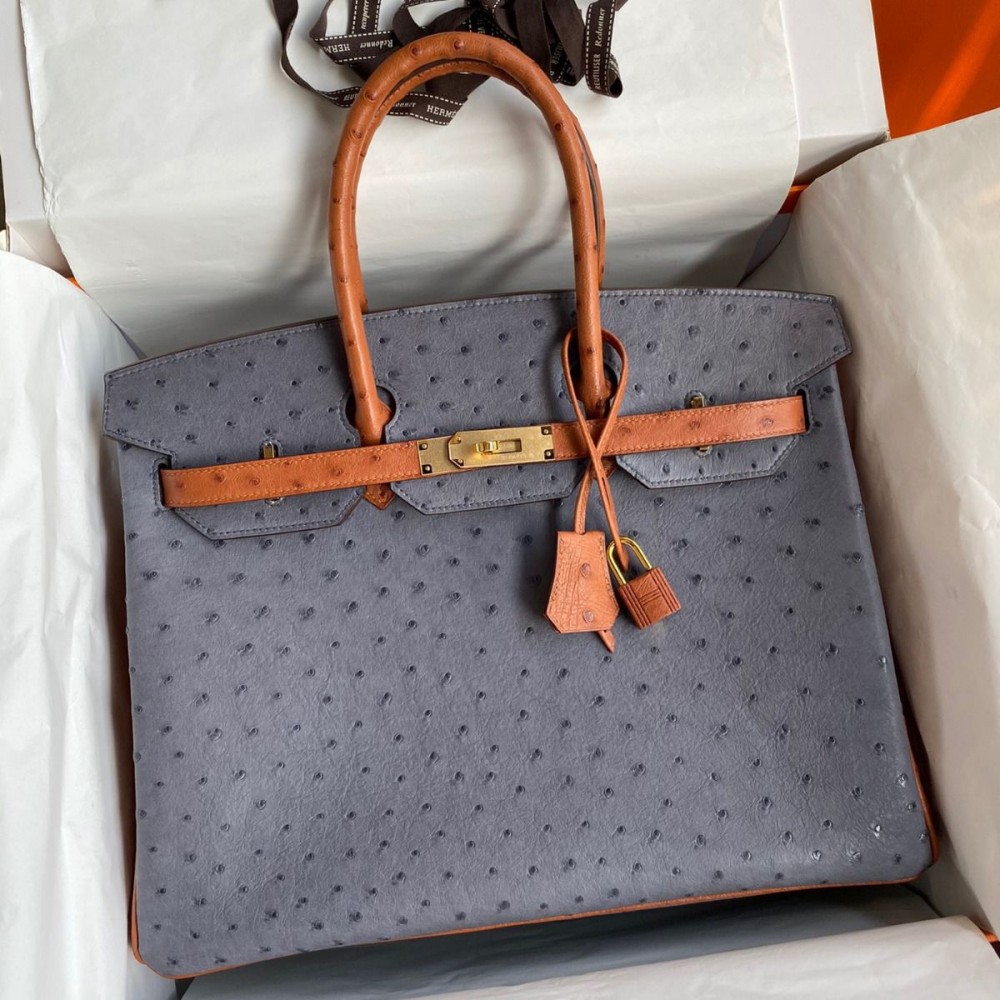 Hermes HSS Birkin 35 Bicolor Bag in Gris Agate and Gold Ostrich Leather