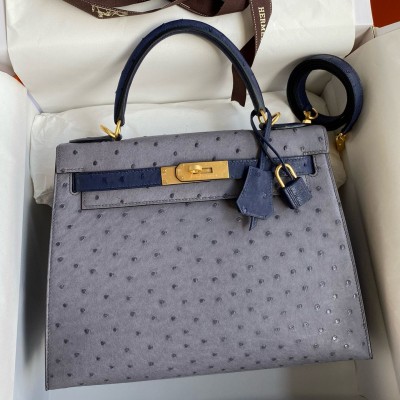 Hermes HSS Kelly 28 Bicolor Bag in Gris Agate and Blue Iris Ostrich Leather HSBS60869