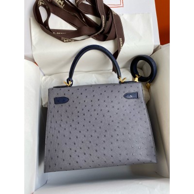 Hermes HSS Kelly 28 Bicolor Bag in Gris Agate and Blue Iris Ostrich Leather