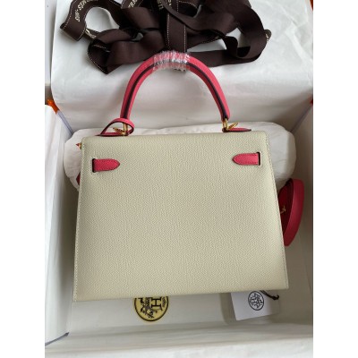 Hermes HSS Kelly Sellier 25 Bag in Craie and Rose Lipstick Epsom Calfskin