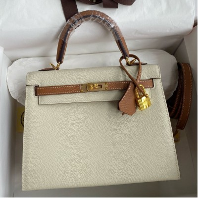 Hermes HSS Kelly Sellier 25 Bicolor Bag in Craie and Gold Epsom Calfskin HSBS60899