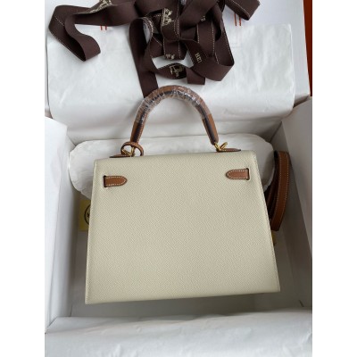 Hermes HSS Kelly Sellier 25 Bicolor Bag in Craie and Gold Epsom Calfskin