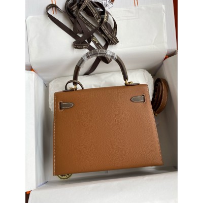 Hermes HSS Kelly Sellier 25 Bicolor Bag in Gold and Taupe Epsom Calfskin