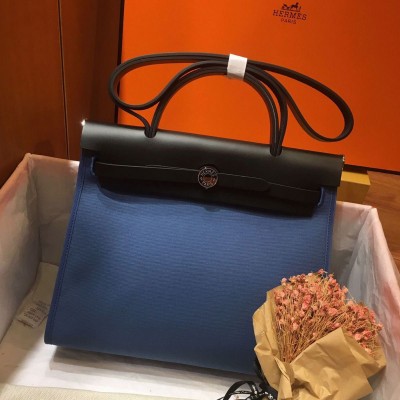 Hermes Herbag Zip 31cm Bag In Black And Blue HSBS60871