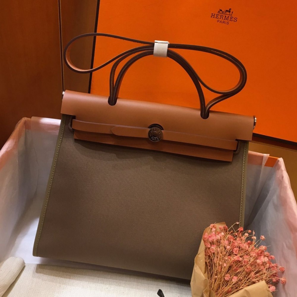 Hermes Herbag Zip 31cm Bag In Brown And Taupe