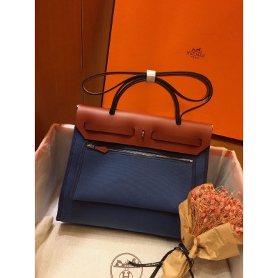 Hermes Herbag Zip 31cm Bag In Camel And Blue