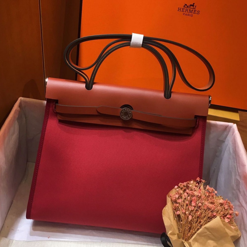 Hermes Herbag Zip 31cm Bag In Camel And Bordeaux