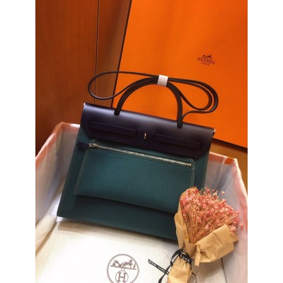 Hermes Herbag Zip 31cm Bag In Navy And Green