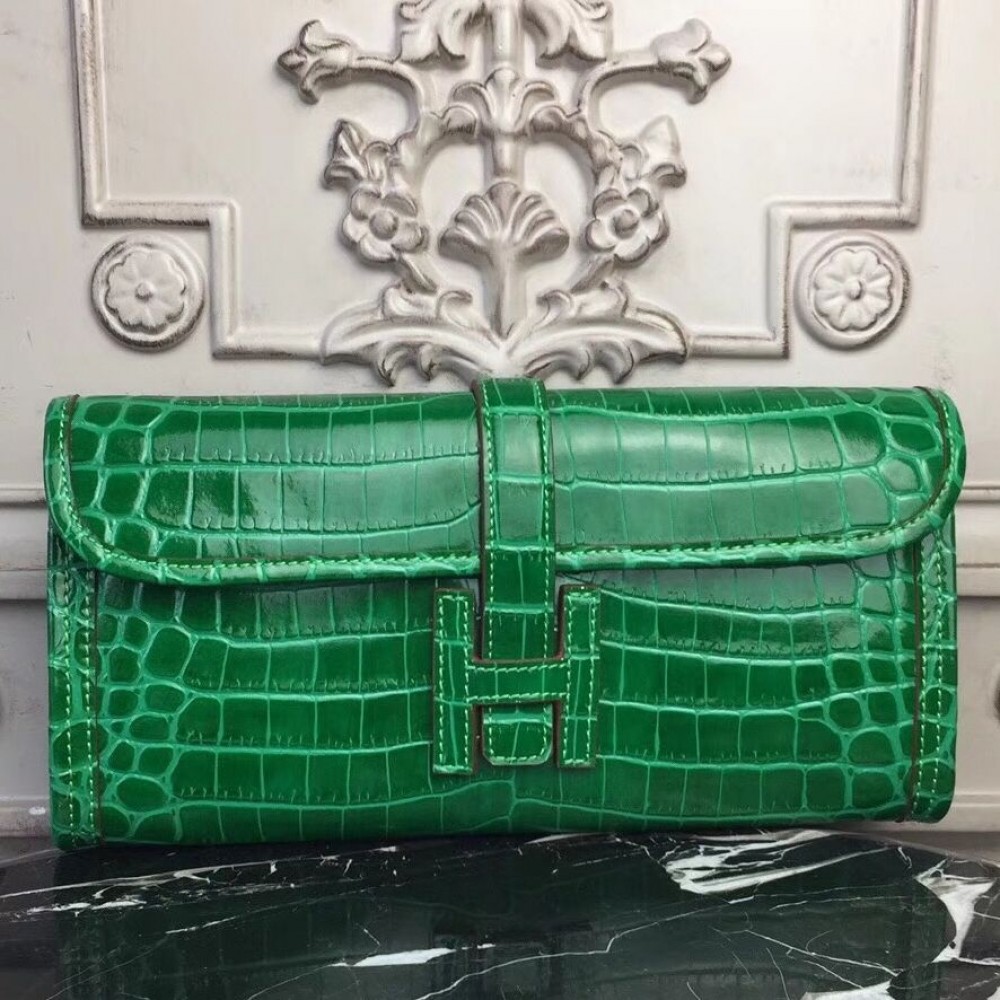 Hermes Jige Elan 29 Clutch In Bambou Crocodile Leather