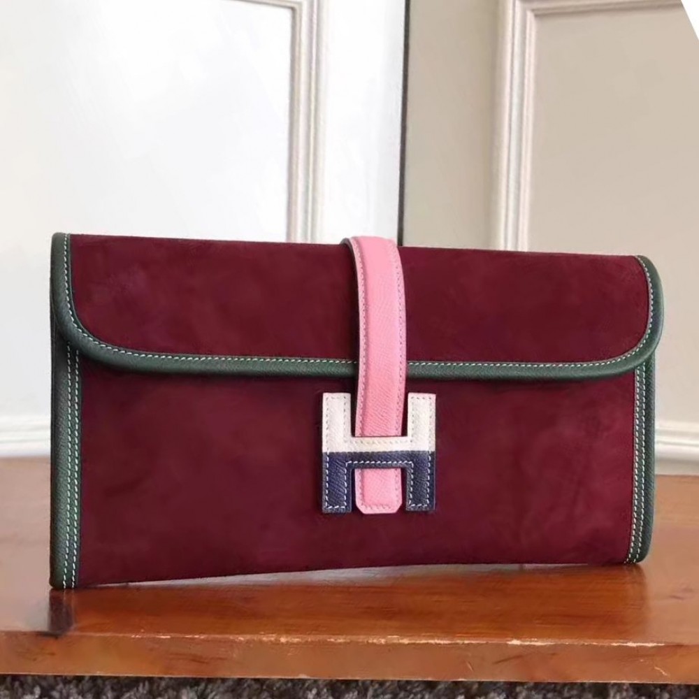 Hermes Jige Elan 29 Clutch In Bordeaux Suede Calfskin