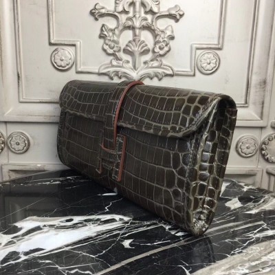 Hermes Jige Elan 29 Clutch In Chocolate Crocodile Leather