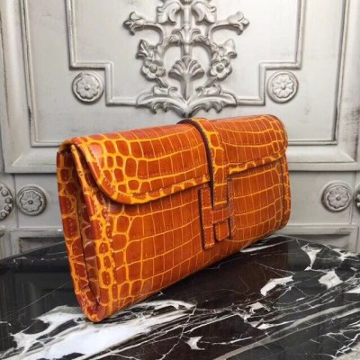 Hermes Jige Elan 29 Clutch In Orange Crocodile Leather