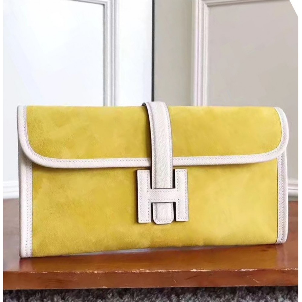 Hermes Jige Elan 29 Clutch In Yellow Suede Calfskin