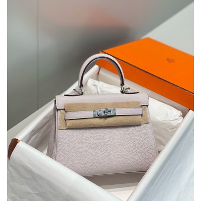 Hermes Kelly 20cm Bag In Mauve Pale Clemence Leather PHW