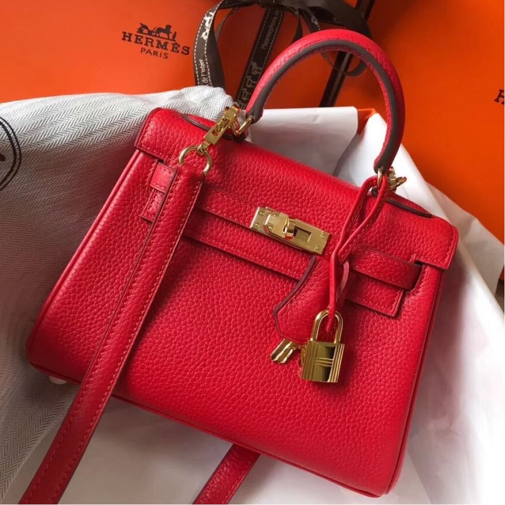 Hermes Kelly 20cm Bag In Red Clemence Leather GHW