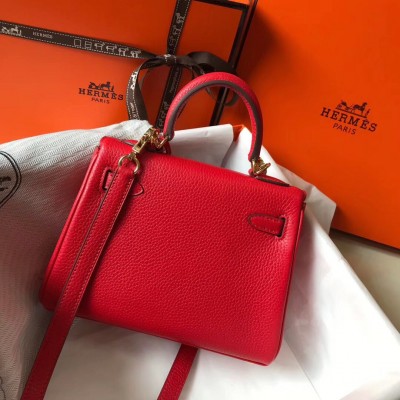 Hermes Kelly 20cm Bag In Red Clemence Leather GHW