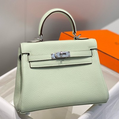 Hermes Kelly 20cm Bag In Vert Fizz Clemence Leather PHW HSBS60980