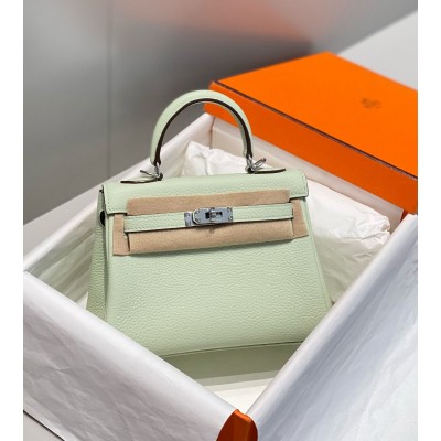 Hermes Kelly 20cm Bag In Vert Fizz Clemence Leather PHW