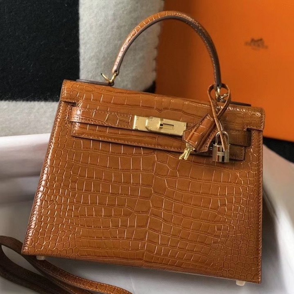 Hermes Kelly 25cm Handmade Bag In Brown Embossed Crocodile Leather