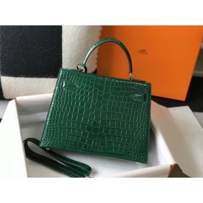 Hermes Kelly 25cm Handmade Bag In Green Embossed Crocodile Leather