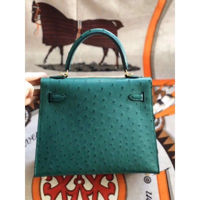 Hermes Kelly 25cm Handmade Bag In Vert Vertigo Ostrich Skin