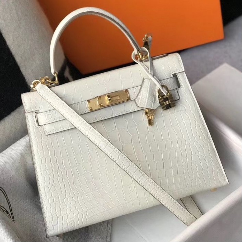 Hermes Kelly 25cm Handmade Bag In White Embossed Crocodile Leather