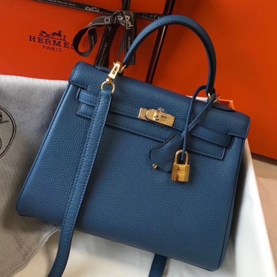 Hermes Kelly 25cm Retourne Bag In Agate Blue Clemence Leather HSBS60993